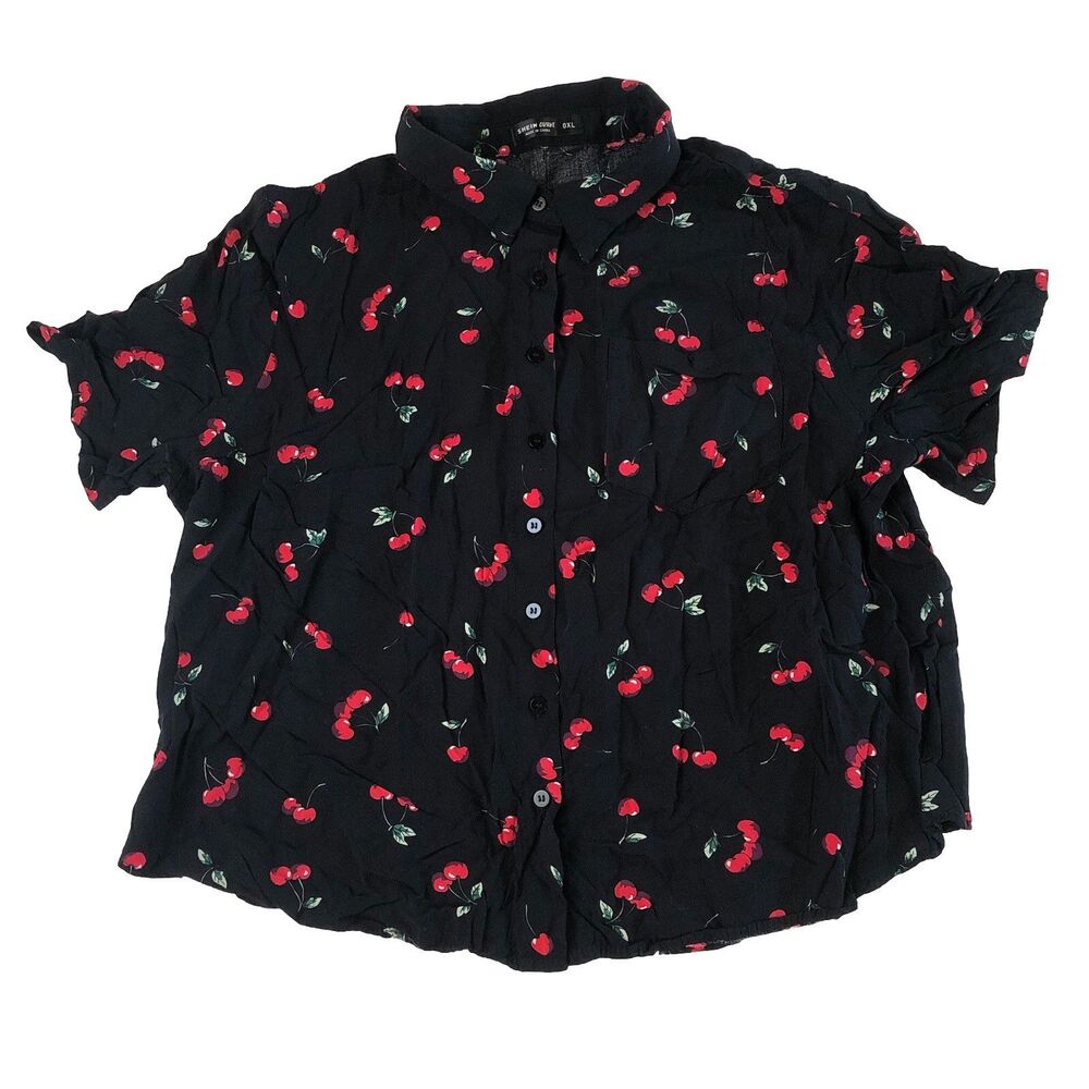 SHEIN Curve Cherry Print Button Up Shirt Black Red Retro Boxy Crop 0XL 07072026